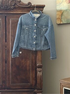 Women’s Crop French Terry Denim Jacket - Washed Blue
